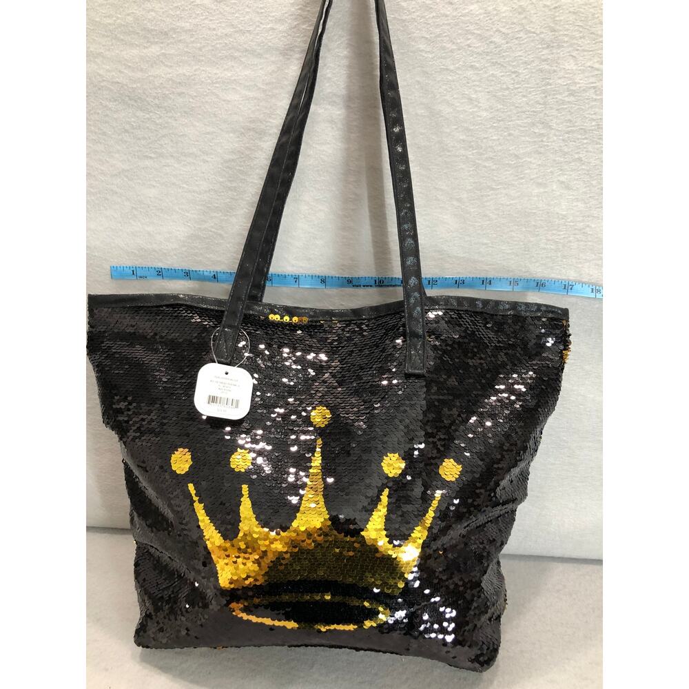90s Y2K Retro Style Black Sequin Tote Bag Whimsical Gold Crown Logo & Pouch - Picture 3 of 15